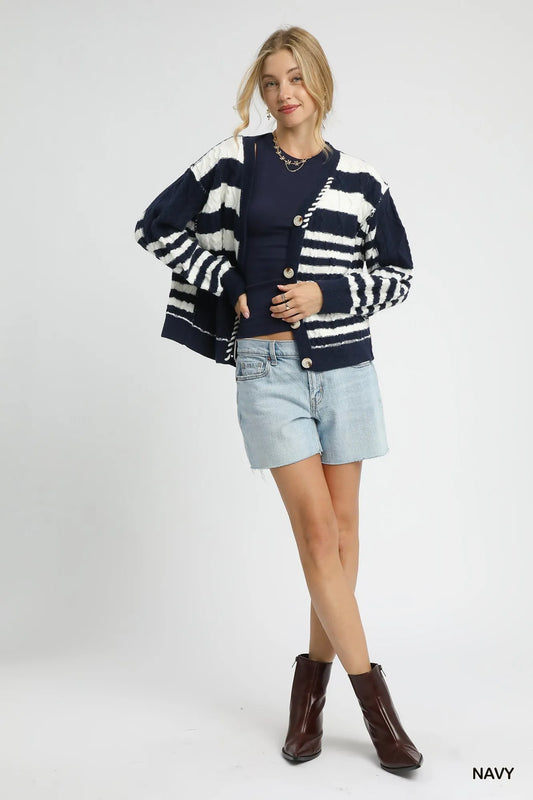 Stripe Button-Up Cable-Knit Cardigan - steven wick