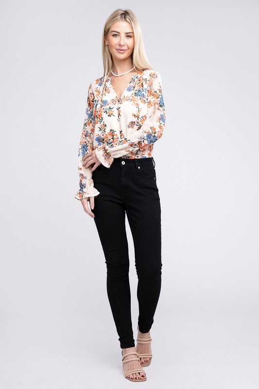 Floral Long-Sleeved Chiffon Blouse - steven wick