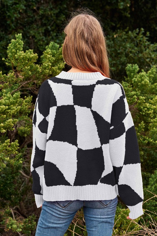 Multi Geo Checker Pullover Knit Sweater Top - steven wick