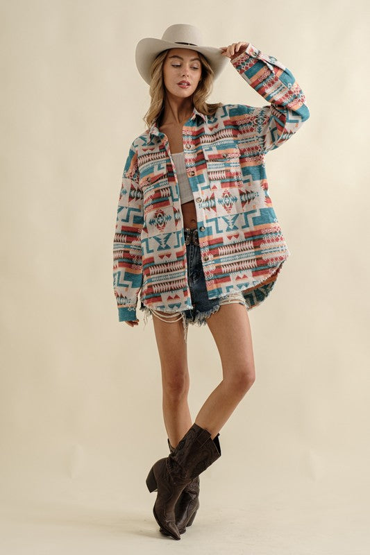 Long-sleeved Frayed Aztec Western Shacket - steven wick