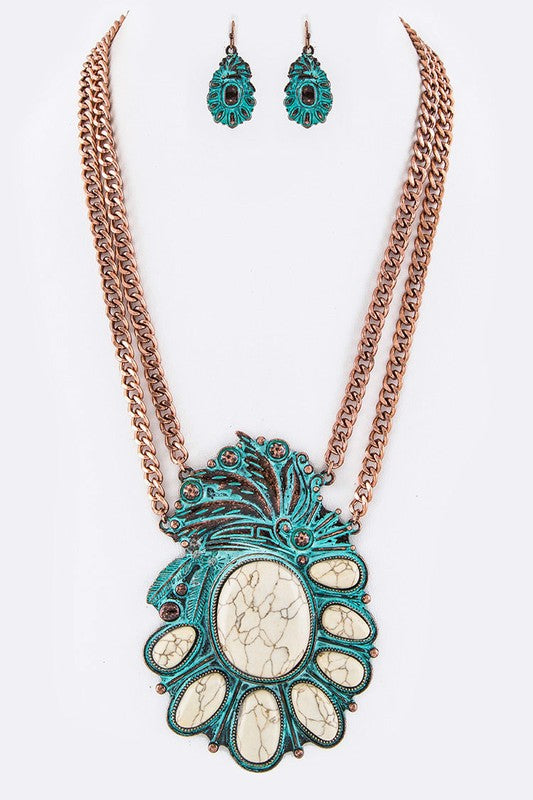 Pave Stone Squash Blossom Pendant Necklace Set - steven wick