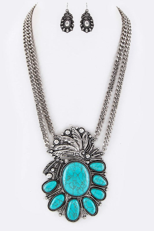 Pave Stone Squash Blossom Pendant Necklace Set - steven wick