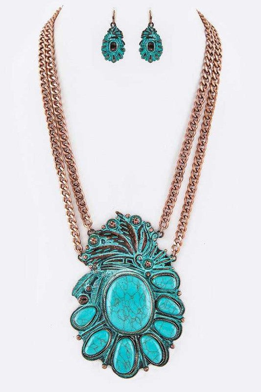 Pave Stone Squash Blossom Pendant Necklace Set - steven wick