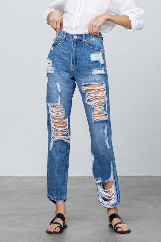 HIGH RISE DESTROYED STRAIGHT JEANS - steven wick