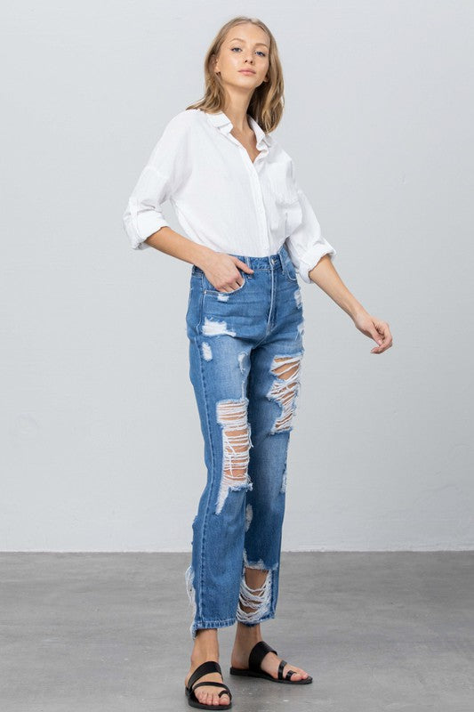HIGH RISE DESTROYED STRAIGHT JEANS - steven wick