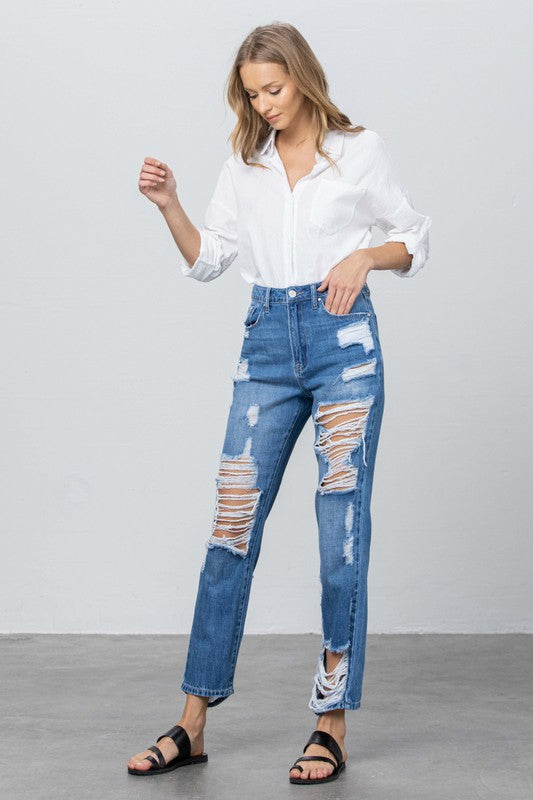 HIGH RISE DESTROYED STRAIGHT JEANS - steven wick