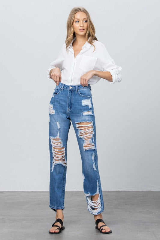 HIGH RISE DESTROYED STRAIGHT JEANS - steven wick