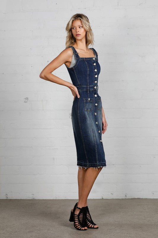 Dark Wash Denim Dress with Suspenders - steven wick