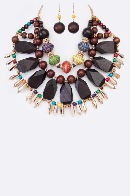 Wood And Spikes Statement Collar Necklace Set - steven wick