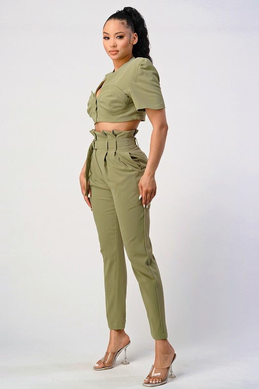Two Piece Olive Hue Cropped Top And Belted Pant Set - steven wick