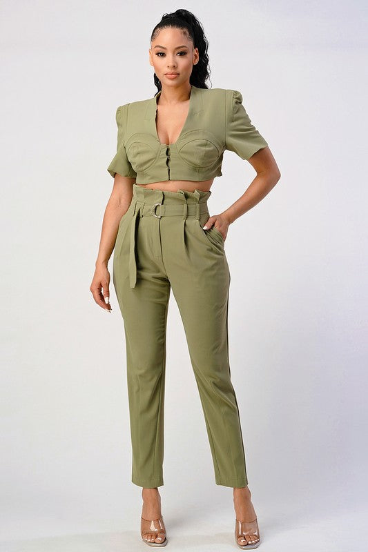 Two Piece Olive Hue Cropped Top And Belted Pant Set - steven wick