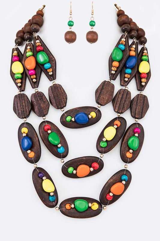Mix Wooden Beads Layer Necklace Set - steven wick