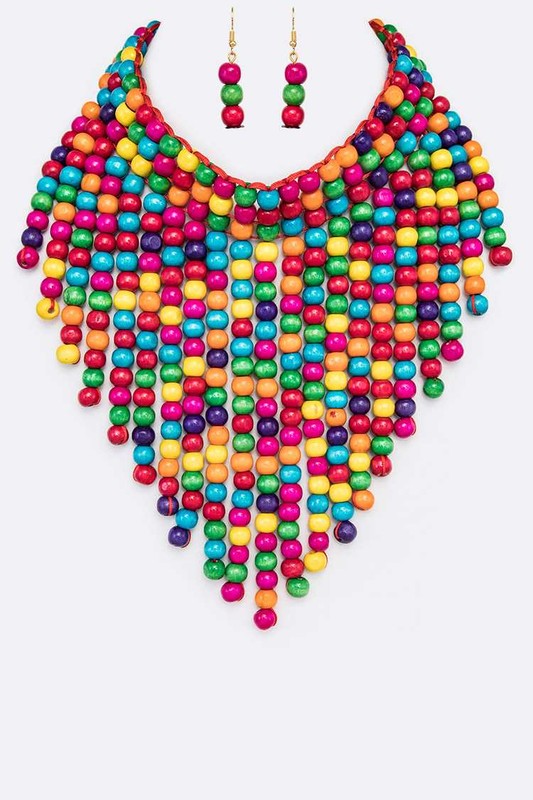 Wooden Beads Statement Necklace Set - steven wick