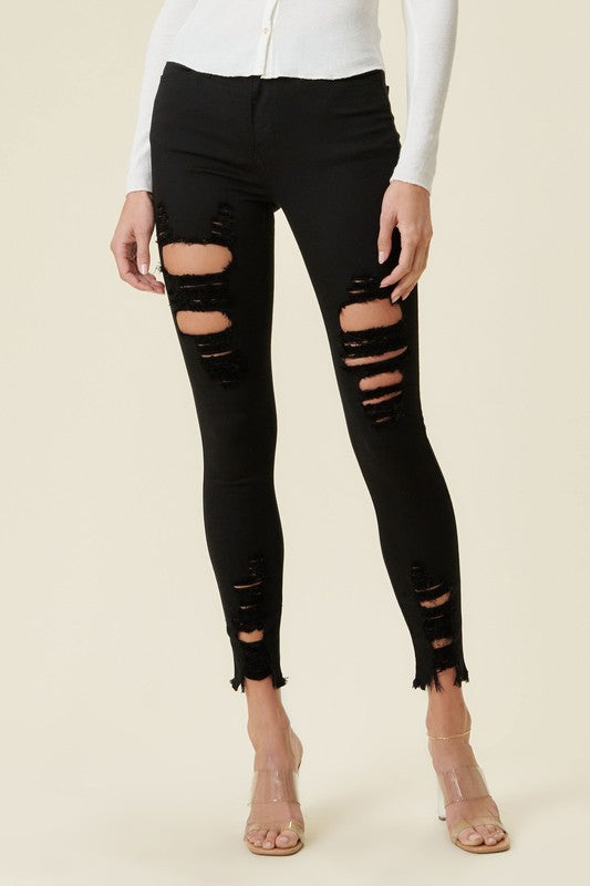 High Rise Distressed Skinny Pants With Raw Hem