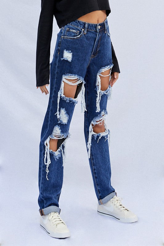 Dark Wash High Waist Ripped Baggy Jeans - steven wick