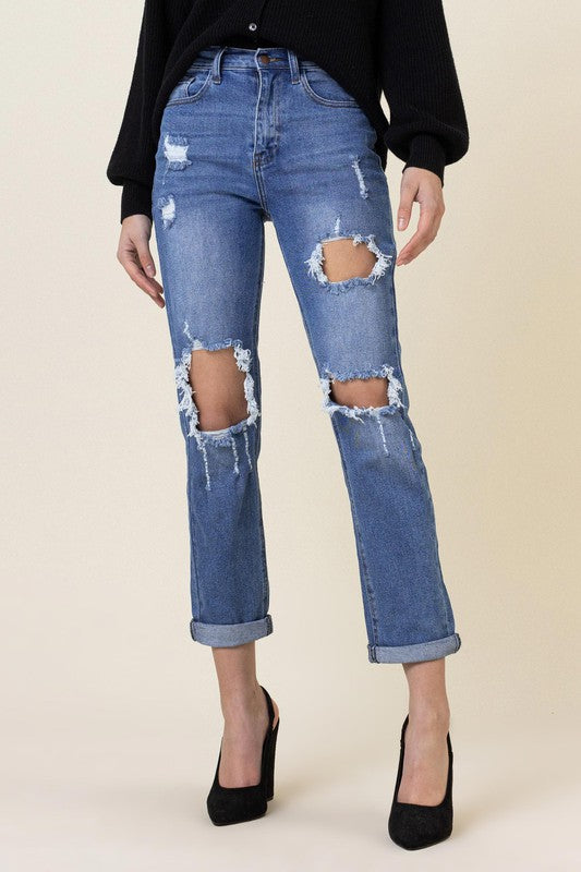 Boyfriend High Waist Distressed Denim Jeans - steven wick