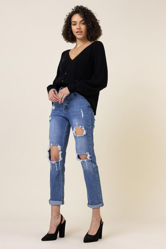 Boyfriend High Waist Distressed Denim Jeans - steven wick