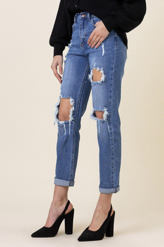 Boyfriend High Waist Distressed Denim Jeans - steven wick