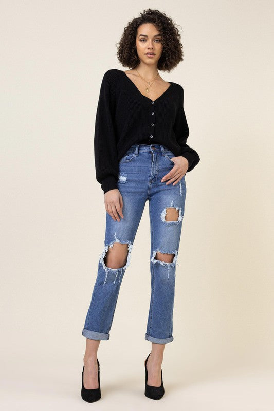Boyfriend High Waist Distressed Denim Jeans - steven wick