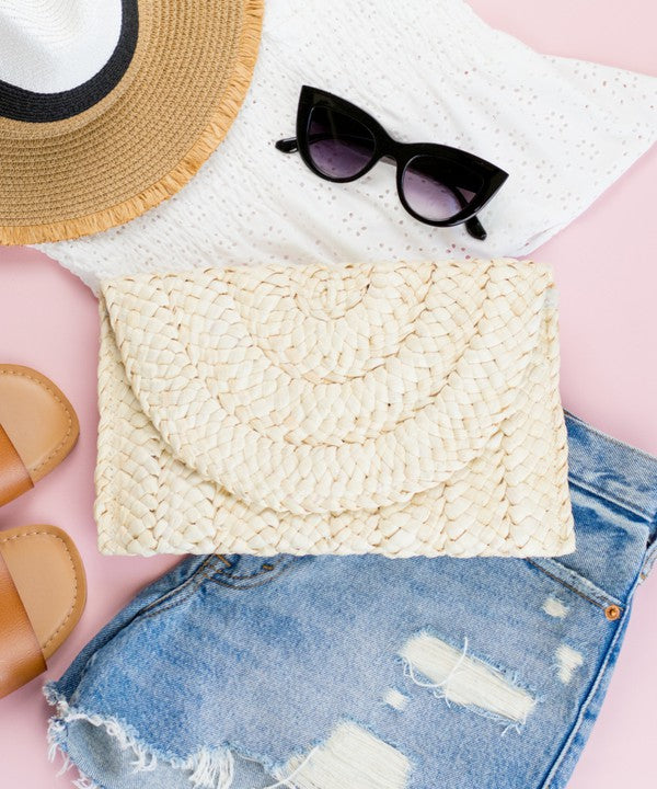 Fold Over Straw Clutch Bag - steven wick