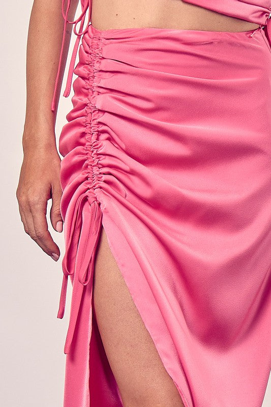 Classic One Side Gathered Midi Skirt With Tall Slit - steven wick