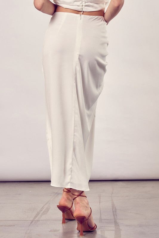 Classic One Side Gathered Midi Skirt With Tall Slit - steven wick