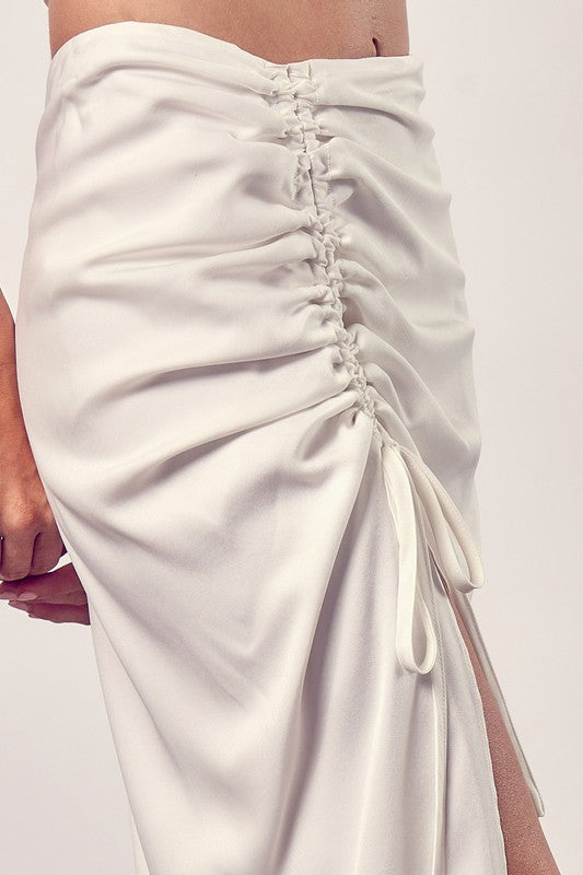 Classic One Side Gathered Midi Skirt With Tall Slit - steven wick