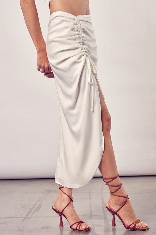 Classic One Side Gathered Midi Skirt With Tall Slit - steven wick