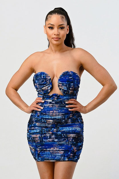 Cut-Out Deep Ocean Print Mini Bodycon Dress - steven wick