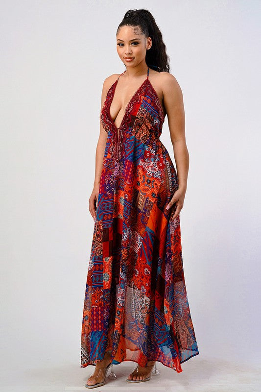Bohemian Print Sequin Lace Trim Maxi Dress