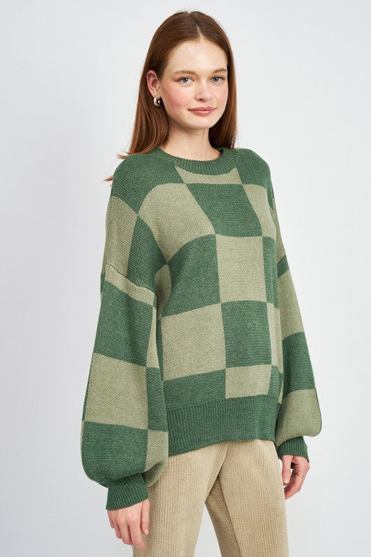 Checkerboard Sweater With Bubble Sleeves - steven wick