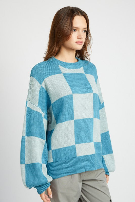 Checkerboard Sweater With Bubble Sleeves - steven wick