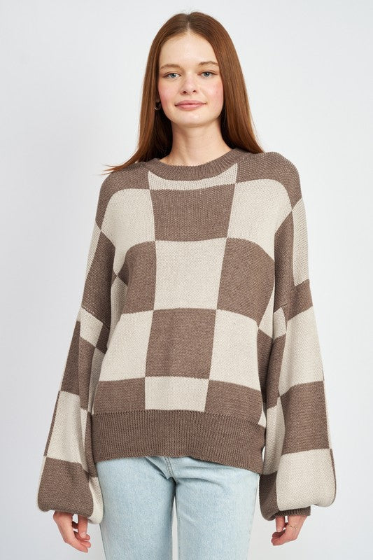 Checkerboard Sweater With Bubble Sleeves - steven wick