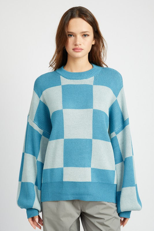 Checkerboard Sweater With Bubble Sleeves - steven wick