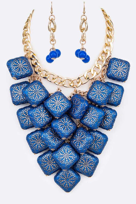 Textured Wooden Beads Statement Necklace Set - steven wick