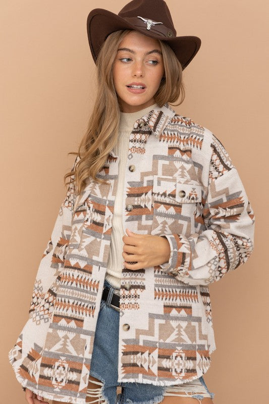 Long-sleeved Frayed Aztec Western Shacket - steven wick