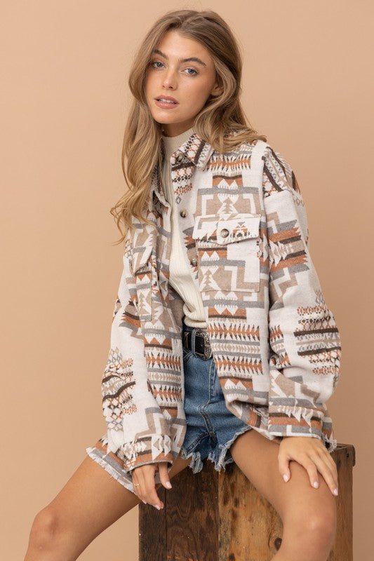 Long-sleeved Frayed Aztec Western Shacket - steven wick
