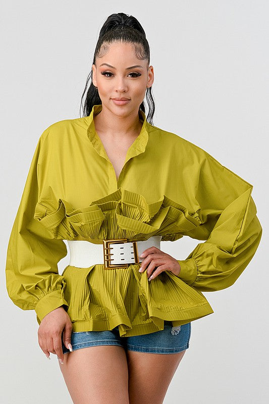 Lime Pleated Ruffle Belted Waist Blouse - steven wick