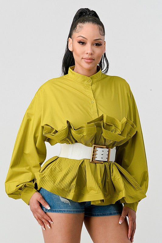 Lime Pleated Ruffle Belted Waist Blouse - steven wick