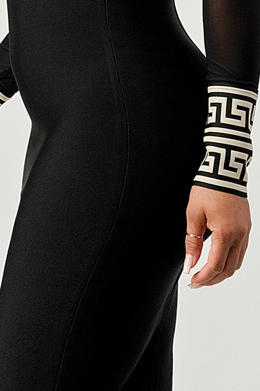Long-Sleeved Mock Neck Partial Mesh Greek Key Black Bandage Dress - steven wick