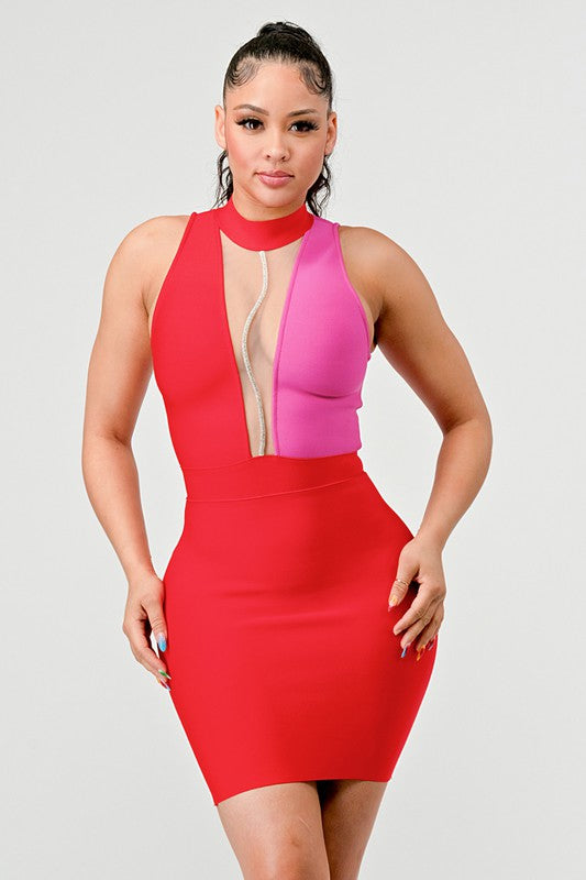 Two Tone Contrast Mini Bandage Dress With Front Mesh Detail - steven wick