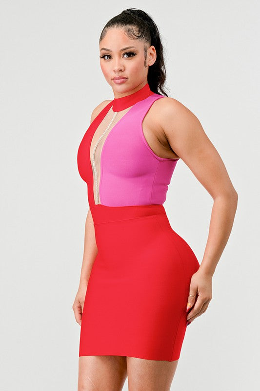 Two Tone Contrast Mini Bandage Dress With Front Mesh Detail - steven wick