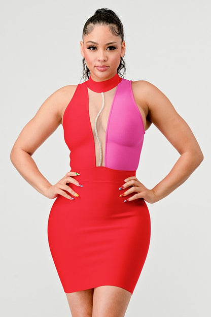 Two Tone Contrast Mini Bandage Dress With Front Mesh Detail - steven wick