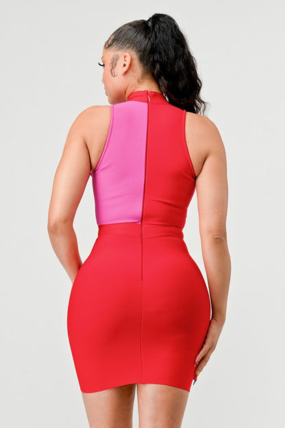 Two Tone Contrast Mini Bandage Dress With Front Mesh Detail - steven wick