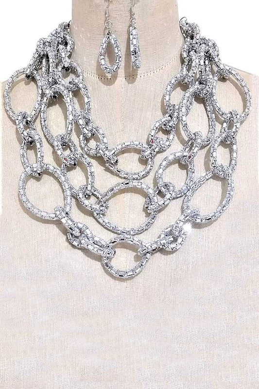 Rhinestone Mix Ring Statement Layer Necklace Set - steven wick