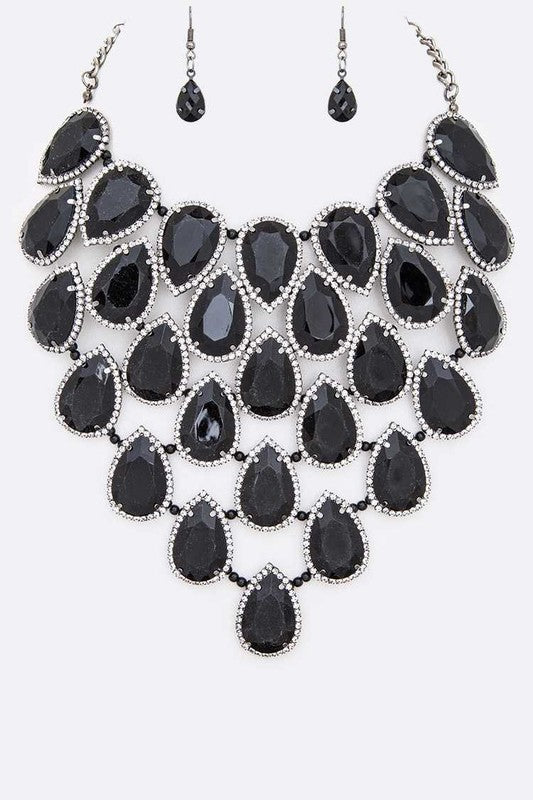 Crystal Teardrop Statement Bib Necklace Set - steven wick