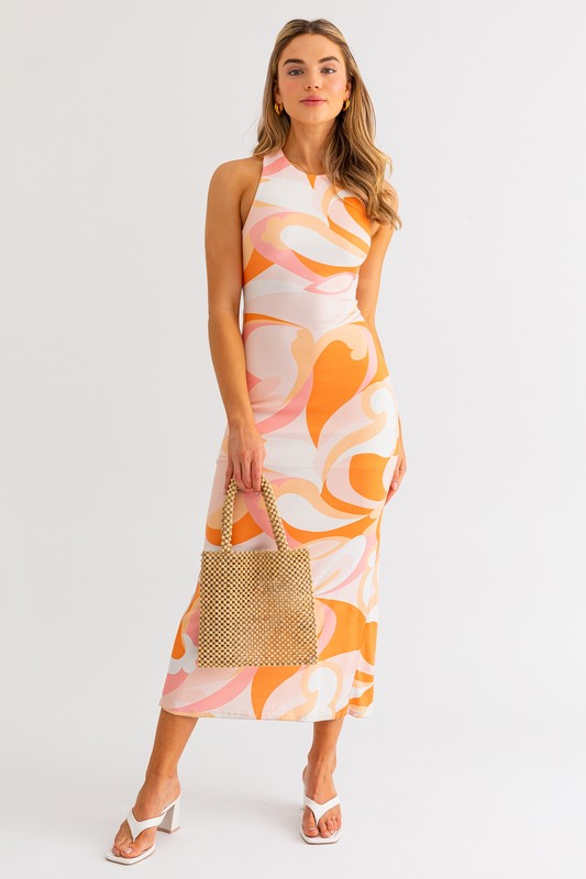 Pink/Orange Open Back Abstract Midi Dress S Pink/Orange Open Back Abstract Midi Dress S
