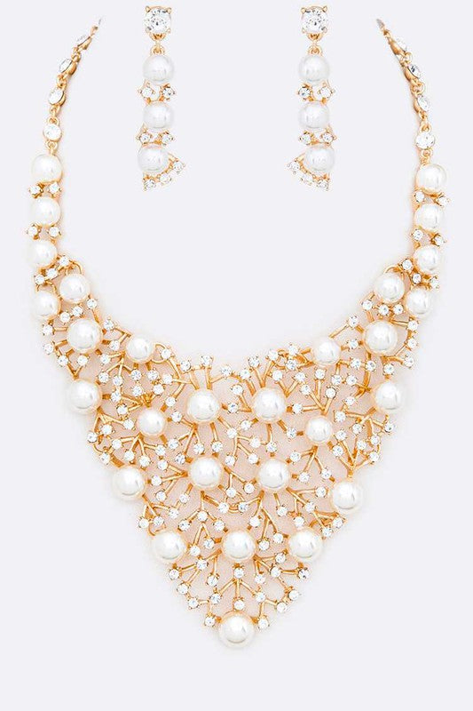 Crystal Pearl Red Carpet Statement Necklace Set - steven wick