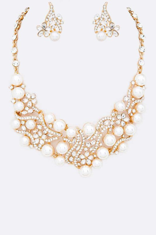 Crystal Pearls Formal Statement Necklace Set - steven wick