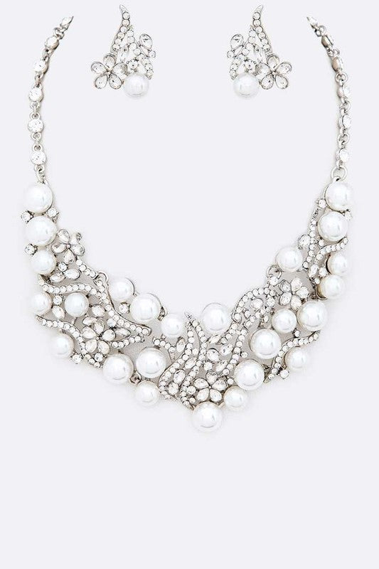 Crystal Pearls Formal Statement Necklace Set - steven wick